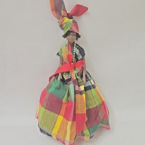 Rare Vintage Jamaican/ Caribbean Doll 11” Unique with Flowing Dress Hat Push Pin